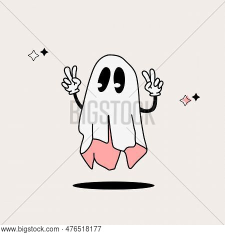 Groovy White Sheet Ghost, Peace Sign Hand, Vintage Halloween Ghost Character, Cute Halloween