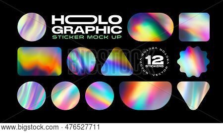 Holographic Stickers Pack Mockup. Hologram Labels Of Different Shapes. Sticker Shapes For Design Moc