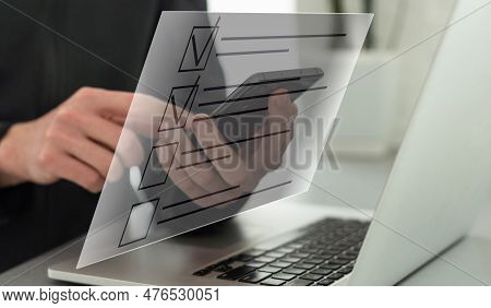 Business Background Technology Hologram Business Icon Virtual Screen. A Man Typing Hologram Screen. 