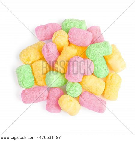 Pile Of Colorful Corn Puffs On White Background, Top View