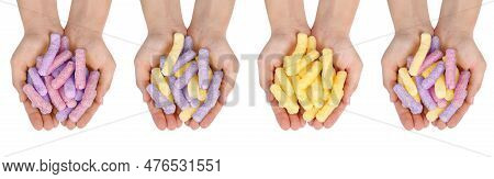 Photos Of Woman With Colorful Corn Puffs On White Background, Top View. Collage Design
