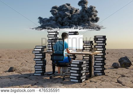 Man Sitting At Pc Office Workplace In Desert Environment With Huge Stacks Of Binders And Cloud Over 