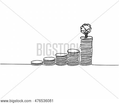 Tree Growing From Stacks Of Coins Of Different Heights, Cents, Kopecks, Pennies One Line Art. Contin