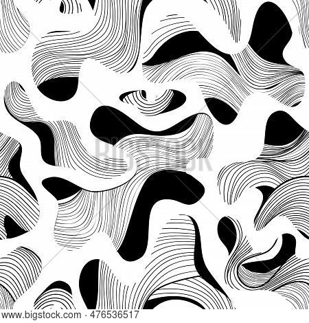 Abstract Swirl Line Seamless Pattern With Chaotic Flowing Organic Shapes In Retro Style. Dots, Blots