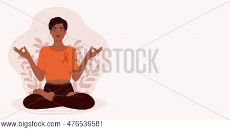 World Multiple Sclerosis Day Banner. An Elderly Waman Meditates To Relieve The Symptoms Of Multiple 