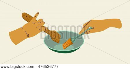 People Hands Cooking Close Up Vector Illustration. Palms Using Brush And Spaula Flat Style Drawing I