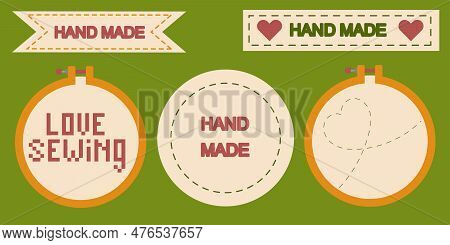 Set Of Sewing And Needlecraft    Elements. Hand Drawn Vector Illustrations Of Sewing Machine, Embroi
