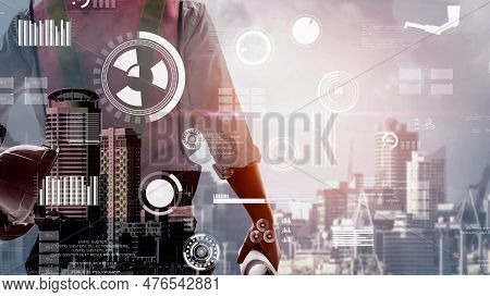 Future Building Construction And Inventive Engineering Project Concept With Hud Hologram Graphic Des