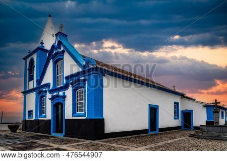 The Church Of Quatro Ribeiras At Sunset In Terceira Island