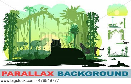 Jungle Tiger Lies. Morning Forest Landscape. Picture Layers Parallax Effect. Vector Image Isolated B