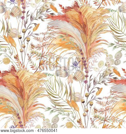 Seamless Pattern With Herbs And Pampas Grass And Dried Flowers Painted In Watercolor For Textile