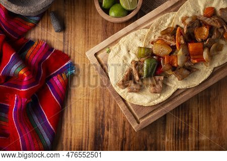 Fajitas Tacos, In Mexico It Is Also Called Alambre De Res. Very Popular Recipe, The Main Ingredients