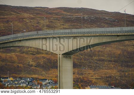 Bridge And Suburban Housing Area In The City Of Tromso, Northern Norway In Autumn