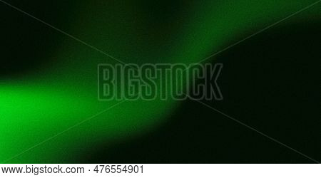 Dark Green Color Gradient Grainy Background, Illuminated Spot On Black, Noise Texture Effect, Wide B