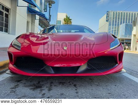 Los Angeles, California Usa - March 24, 2021: Red Ferrari F8 Tributo Luxury Sport Car Low Front View