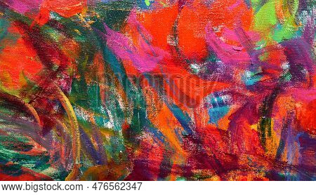 Colorful Abstract Background Of Red Green And Margenta Paints With Brush Strokes On Canvas Texture B