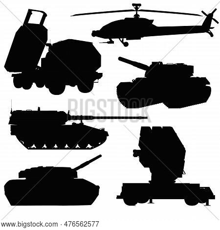 Military Vehicles Silhouette Set. Himars, Battle Tank, Air Defense System. Helicopter Apache. Self-p