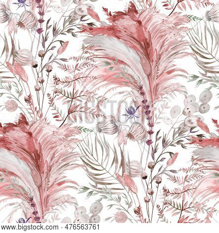Seamless Pattern With Herbs And Pampas Grass And Dried Flowers Painted For Textile