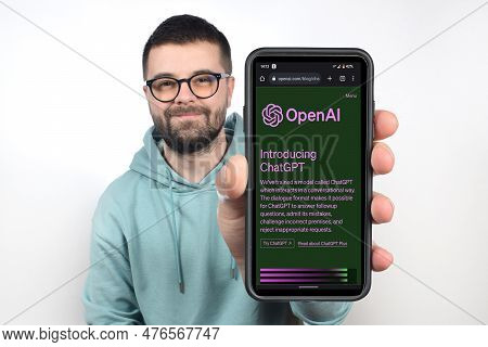 Ternopil, Ukraine - 05-20-2023: Young Man Shows Smartphone With Website Of Us Artificial Intelligenc