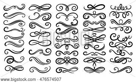 Swirl Border Set, Ornament Design Collection. Filigree Line Flourish For Calligraphy Or Ornate Logo,