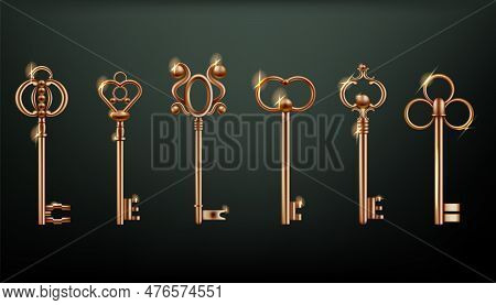 Vintage Gold Keys. Realistic Isolated Elements. House Door Opener, Home Room Latchkeys With Creative