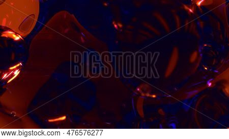Orange Shining Transparent Liquid Metaspheres On Black Bg - Abstract 3d Rendering