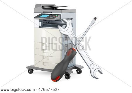 Office Multifunction Printer Mfp With Screwdriver And Wrench. 3d Rendering Isolated On White Backgro