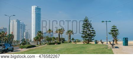 Netanya, Israel - May 16, 2023: Panoramic View Of The Building Of The Coastal Island Suites Hotel Ag