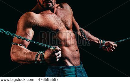 Man With Broken Chains, Holding Chain. Fitness Abdominal Muscle. Muscular Man Exercising Doing Sit U