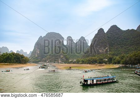 Yu Long River And Karst Mountain Landscape In Yangshuo Guilin, China. H