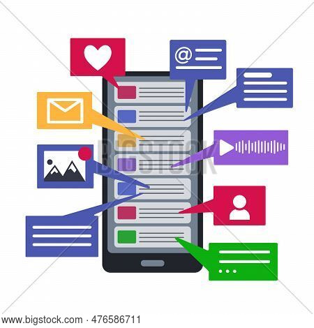Social Networking Concept Illustration. A Phone With Many Notifications And Messages Isolated On Whi