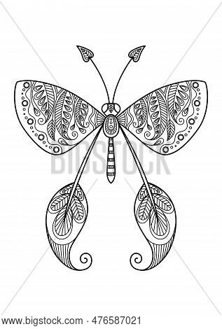 Vector Butterfly Anti-tress Doodle Coloring Book Page For Adult. Zentangle Insect Black And White Il
