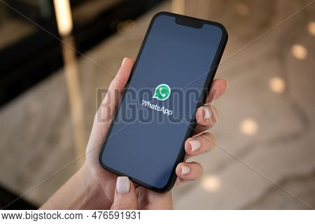 Alanya, Turkey - May 2, 2023: Woman Hand Holding Apple Iphone 14 With Social Networking Service Mess