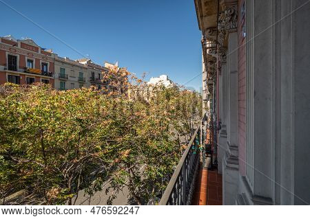 View From Balcony Of Street Of Barcelona In Eixample District On Sunny Summer Day In Spain