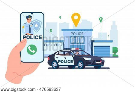 Phone App To Quickly Call Police. Smartphone Application, Patrol Automobile With Flashing Lights And