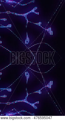 Digital Art. Glitch Fluid. Broken Screen. Neon Purple Pink Blue Color Glow Liquid Crystal Drops Symm
