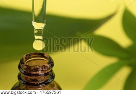 A Drop Of Oil Flows From The Pipette. It Drips Into The Neck Of The Bottle. Oil Flows From A Glass D