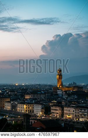 Vertical Shot Of Old Palace In Florence City Hall Tower Architect Arnolfo Di Cambio In Evening Light