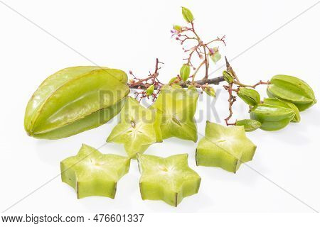 Star Fruit Or Carambola Green - Averrhoa Carambola; Photo On White Background