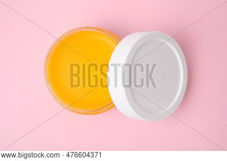 Open Jar With Petrolatum On Pink Background, Top View