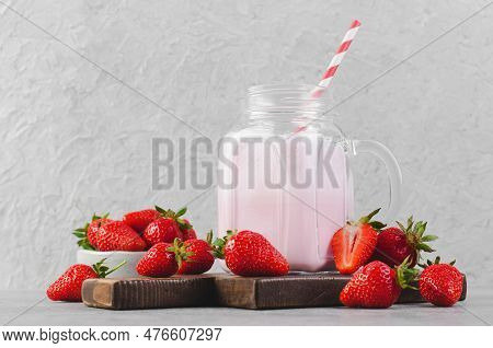 Strawberry Drink, Shake, Smoothie With Fresh Strawberry On Grey Background, Glass With Tasty Refresh