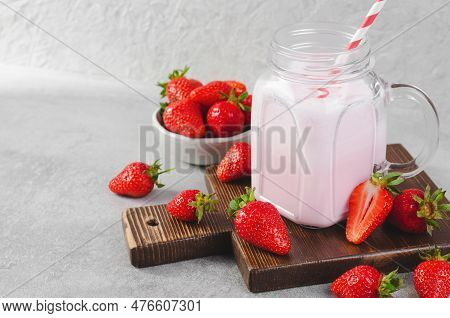 Strawberry Drink, Shake, Smoothie With Fresh Strawberry On Grey Background, Glass With Tasty Refresh