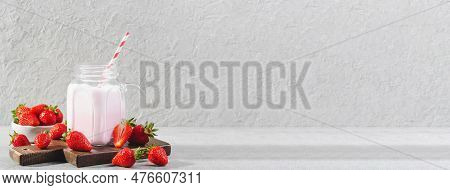 Strawberry Drink, Shake, Smoothie With Fresh Strawberry On Grey Background, Glass With Tasty Refresh