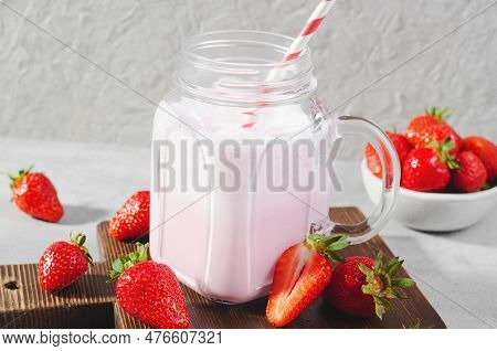 Strawberry Drink, Shake, Smoothie With Fresh Strawberry On Grey Background, Glass With Tasty Refresh