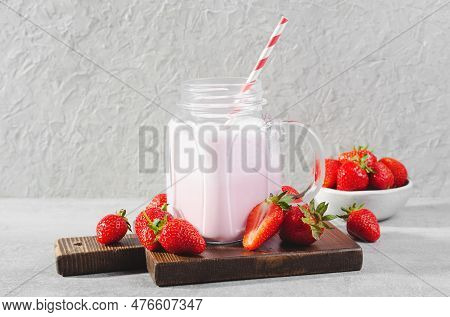 Strawberry Drink, Shake, Smoothie With Fresh Strawberry On Grey Background, Glass With Tasty Refresh