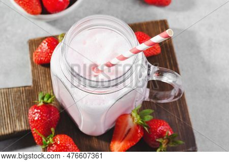 Strawberry Drink, Shake, Smoothie With Fresh Strawberry On Grey Background, Glass With Tasty Refresh