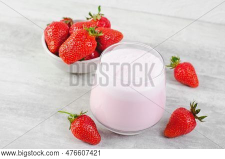 Strawberry Drink, Shake, Smoothie With Fresh Strawberry On Grey Background, Glass With Tasty Refresh