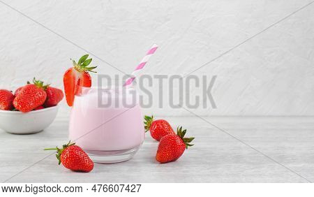 Strawberry Drink, Shake, Smoothie With Fresh Strawberry On Grey Background, Glass With Tasty Refresh