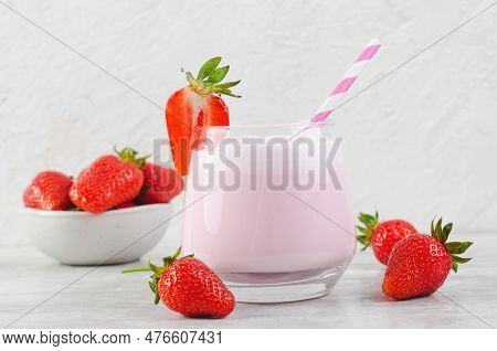 Strawberry Drink, Shake, Smoothie With Fresh Strawberry On Grey Background, Glass With Tasty Refresh