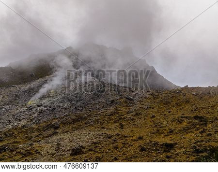 Active Volcano Sibayak With Smoke And Fumaroles. Sumatra, Indonesia.